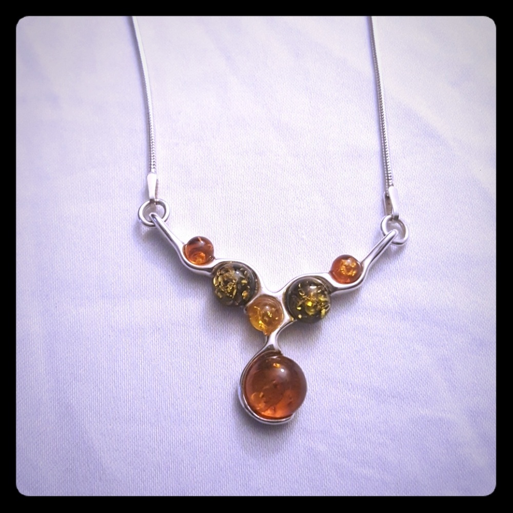 Multicolor baltic amber sterling silver necklace